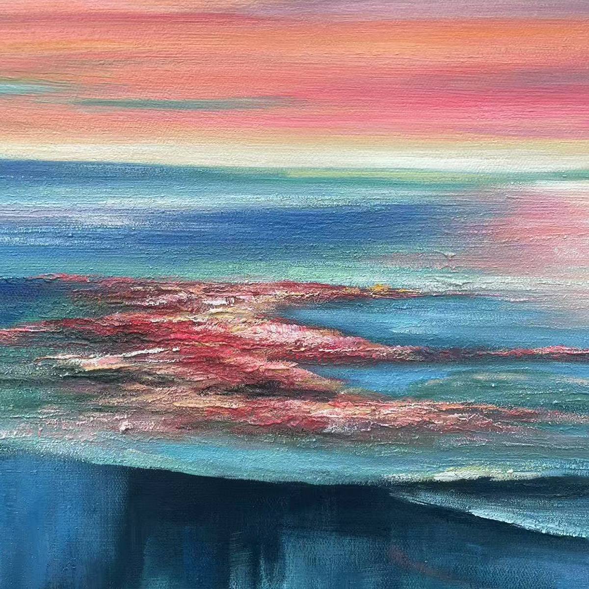 Coral Reef Sunset square painting by Liam O'Connell, featuring pink and orange sky reflecting on textured blue ocean water.