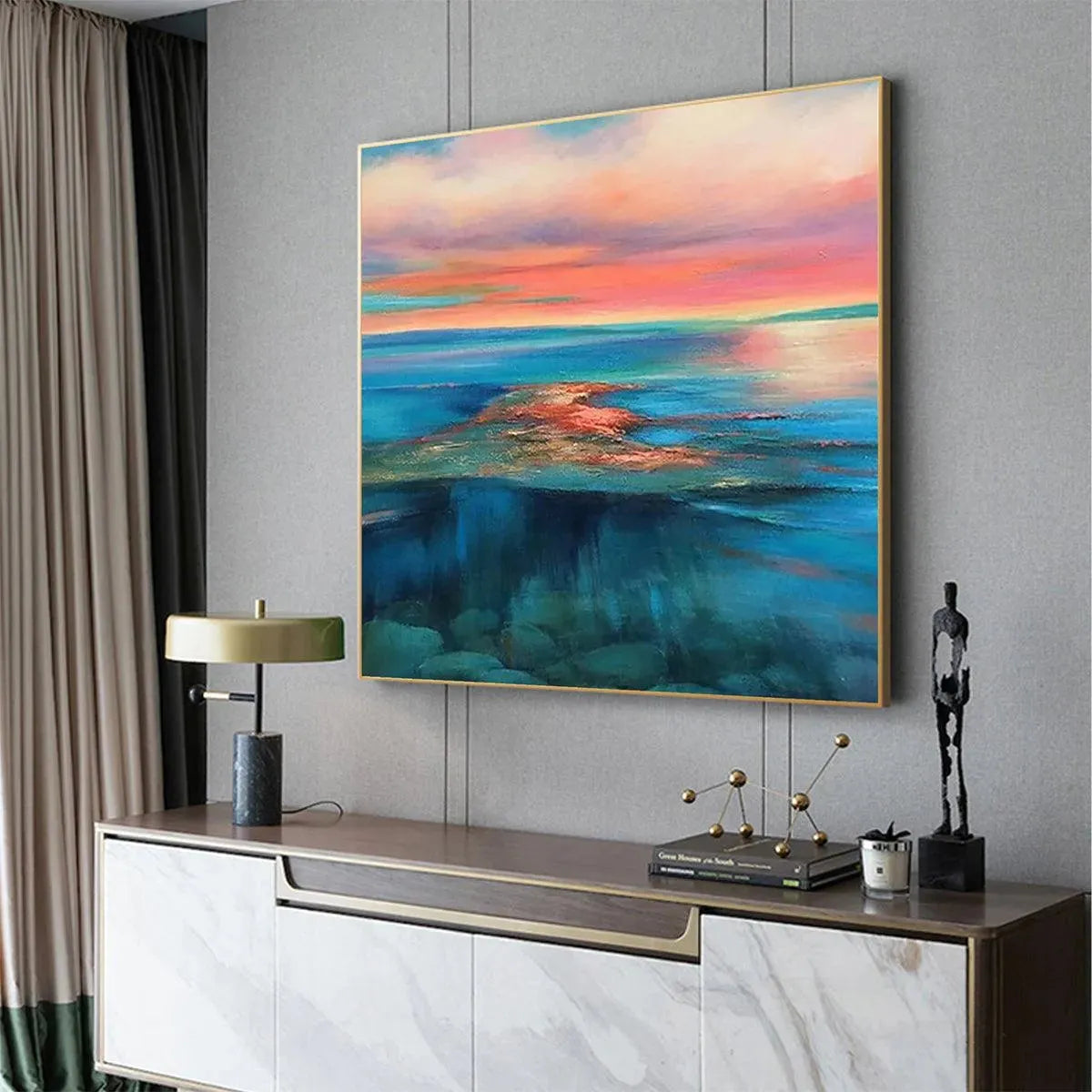Liam O'Connell Coral Reef Sunset square art: pink orange sky, blue ocean water, coral reef detail. Room decor.
