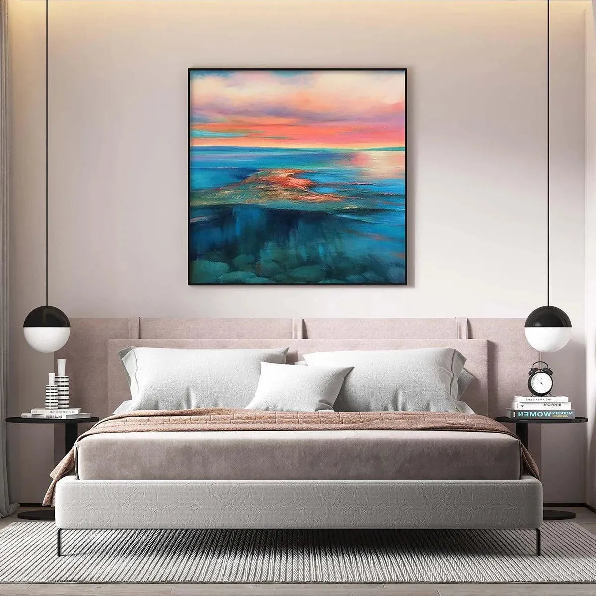Liam O'Connell Coral Reef Sunset square painting above bed: vibrant pink & orange sunset, blue ocean reflections.