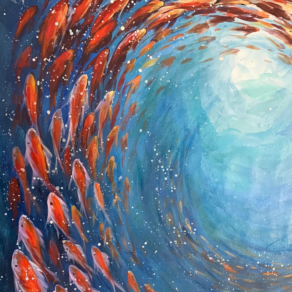 CORAL SWIRL: Vertical Fish Painting, Colorful, Ocean
