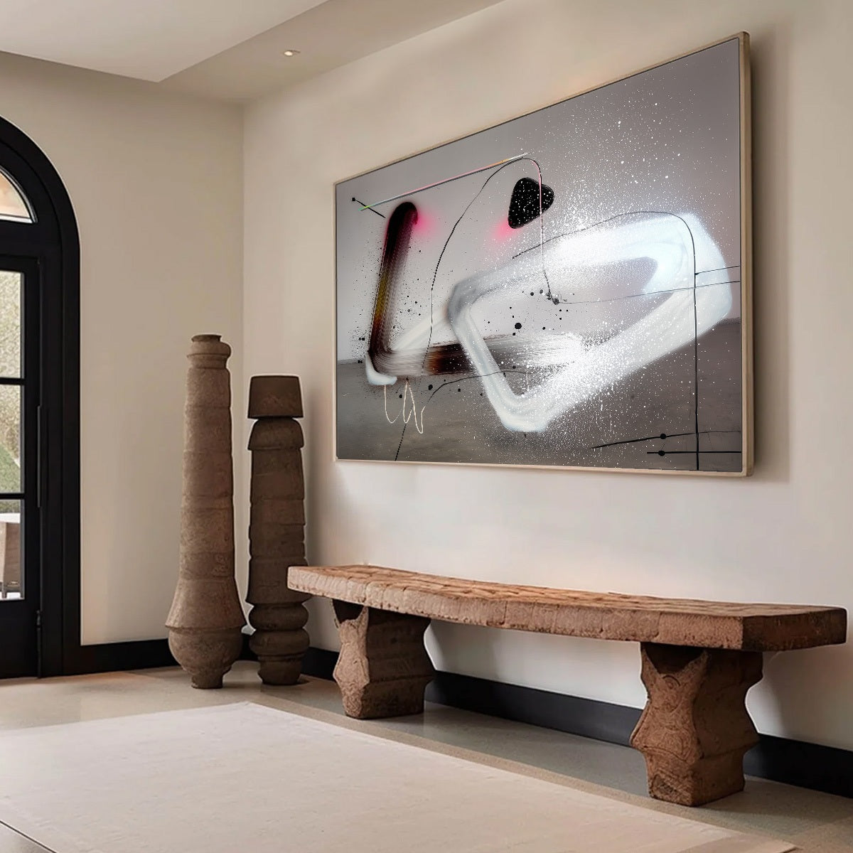 Modern interior with abstract art and wooden bench