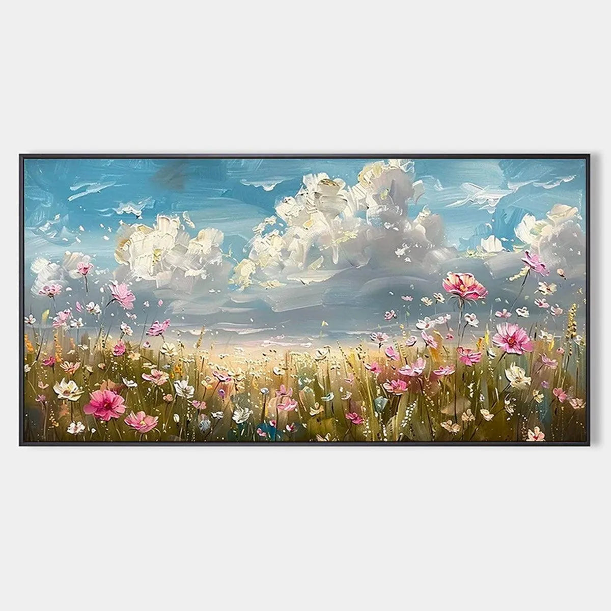 Textured Floral Landscape Painting, Impasto Wall Art, Horizontal Canvas, Wildflower Decor