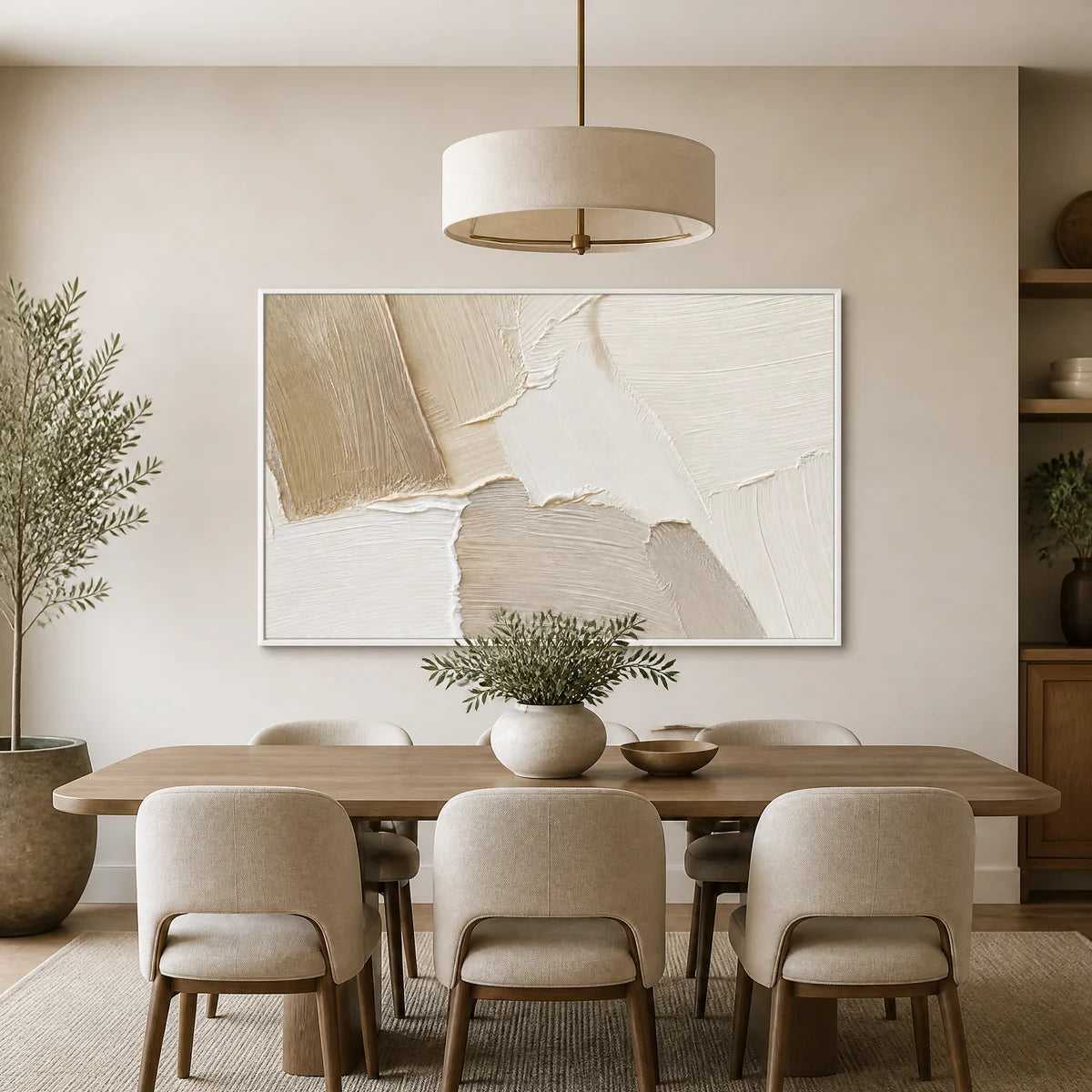 Cream beige abstract wall art with textured oil painting displayed in a refined dining room.