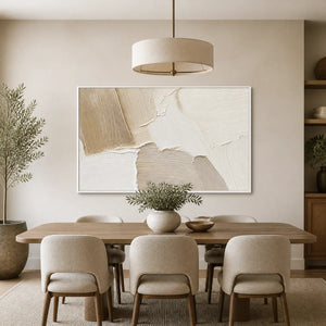 Cream beige abstract wall art with textured oil painting displayed in a refined dining room.