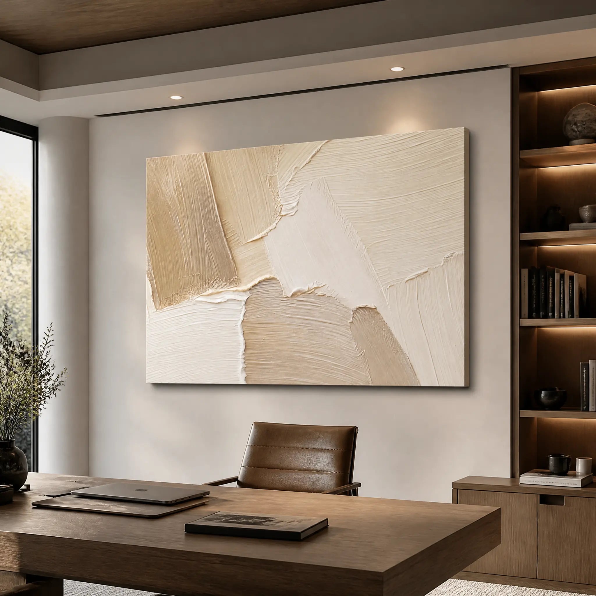 Cream beige abstract wall art with textured impasto layers in a modern office interior.