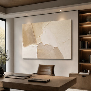Cream beige abstract wall art with textured impasto layers in a modern office interior.