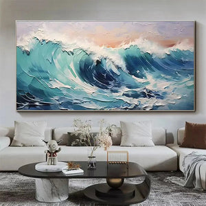 Textured turquoise ocean wave painting, white foam, blues, greens, peach sky. Panoramic seascape wall art.