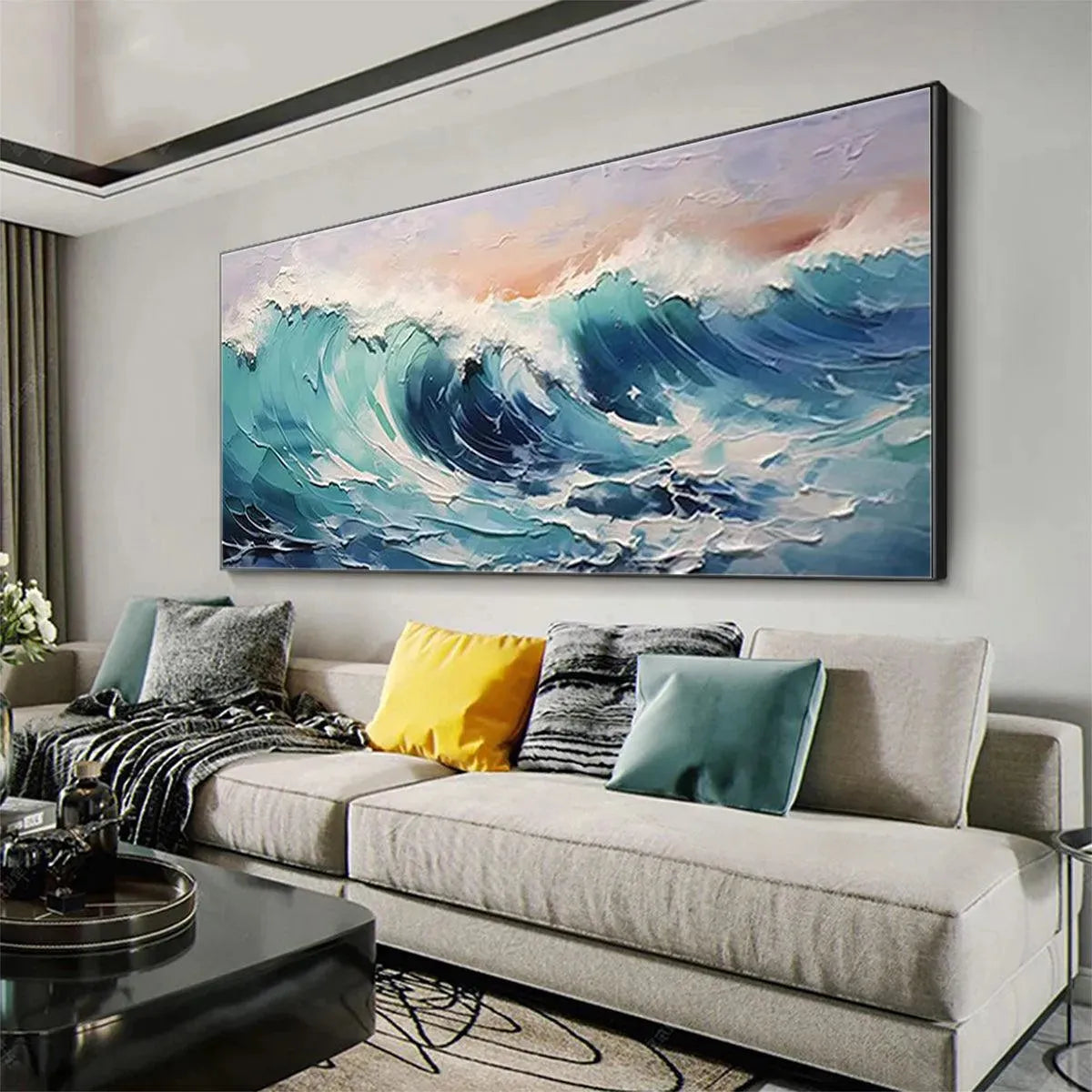 Textured turquoise ocean wave painting, white foam, blues, greens, peach sky. Panoramic seascape wall art.