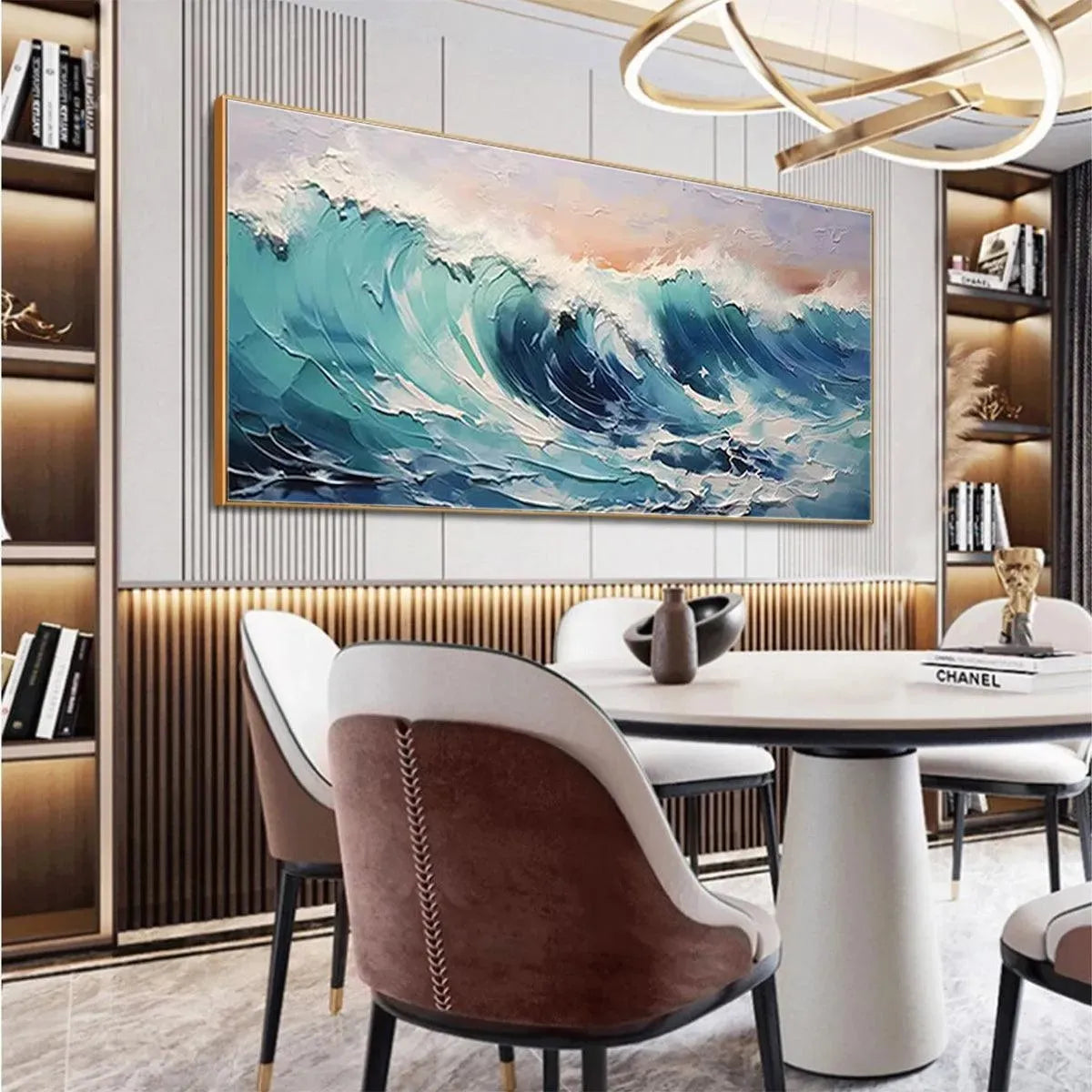 Textured turquoise ocean wave painting, white foam, blues, greens, peach sky. Panoramic seascape wall art.
