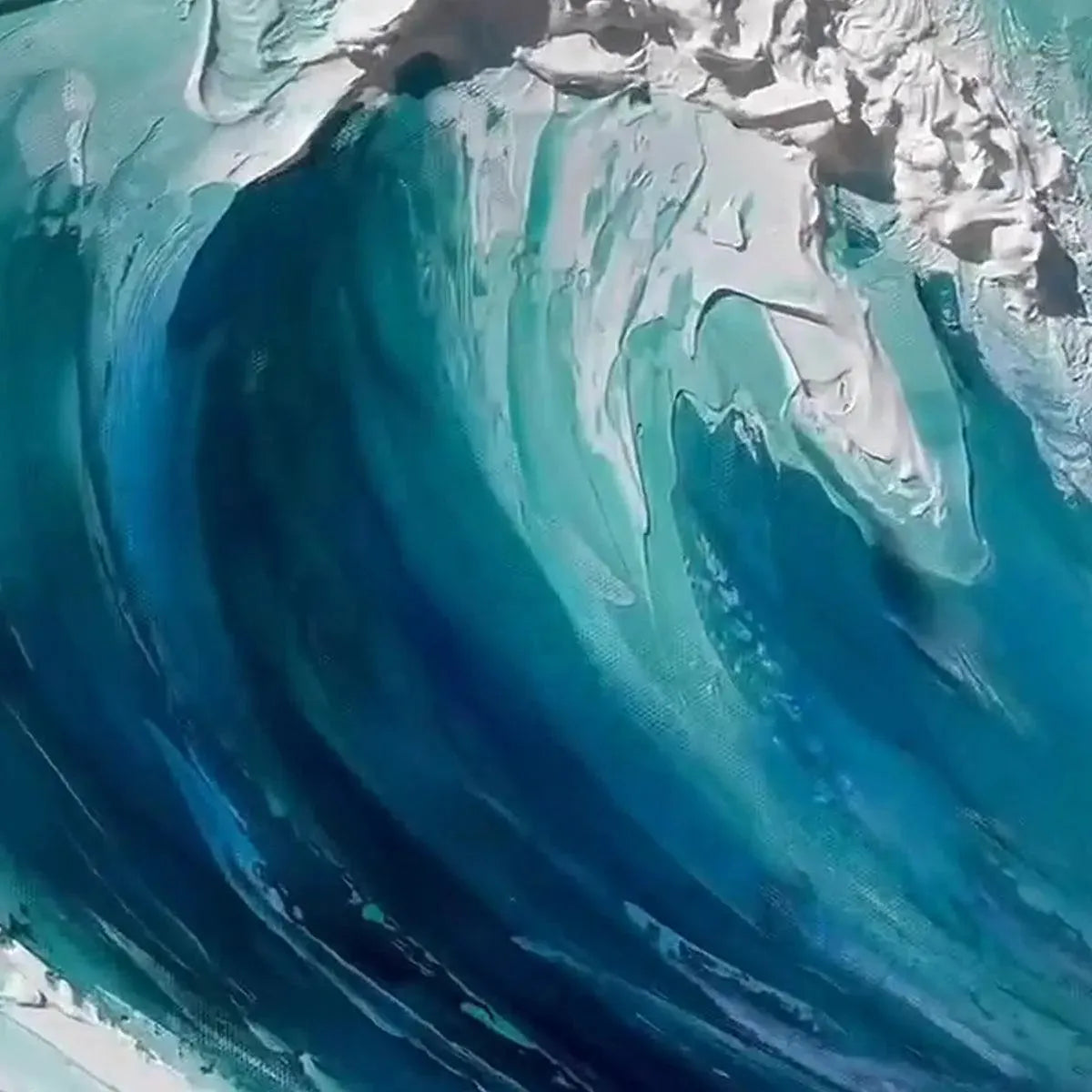 Textured turquoise ocean wave painting, white foam, blues, greens, peach sky. Panoramic seascape wall art.