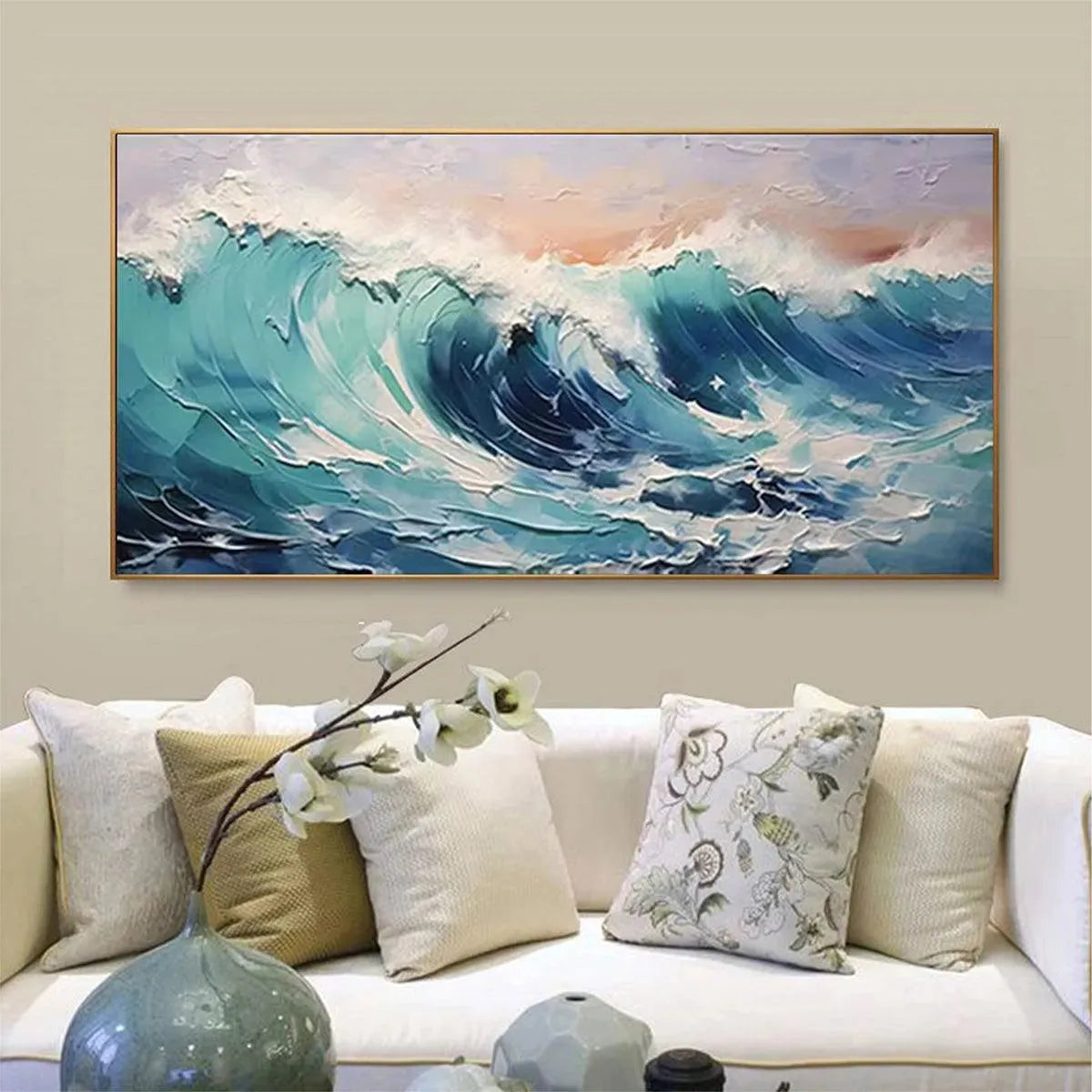 Textured turquoise ocean wave painting, white foam, blues, greens, peach sky. Panoramic seascape wall art.