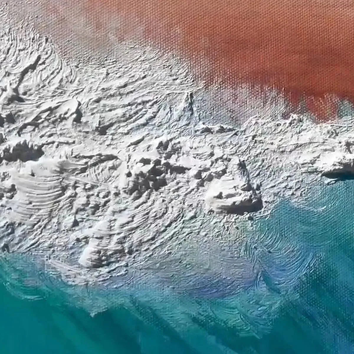 Textured turquoise ocean wave painting, white foam, blues, greens, peach sky. Panoramic seascape wall art.