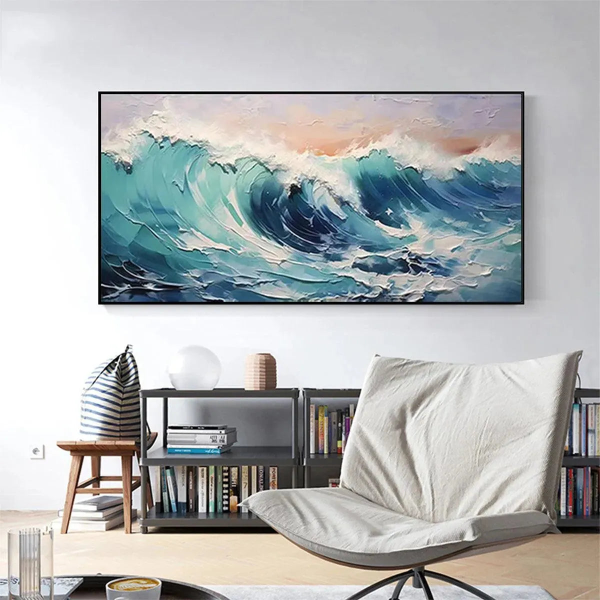 Textured turquoise ocean wave painting, white foam, blues, greens, peach sky. Panoramic seascape wall art.
