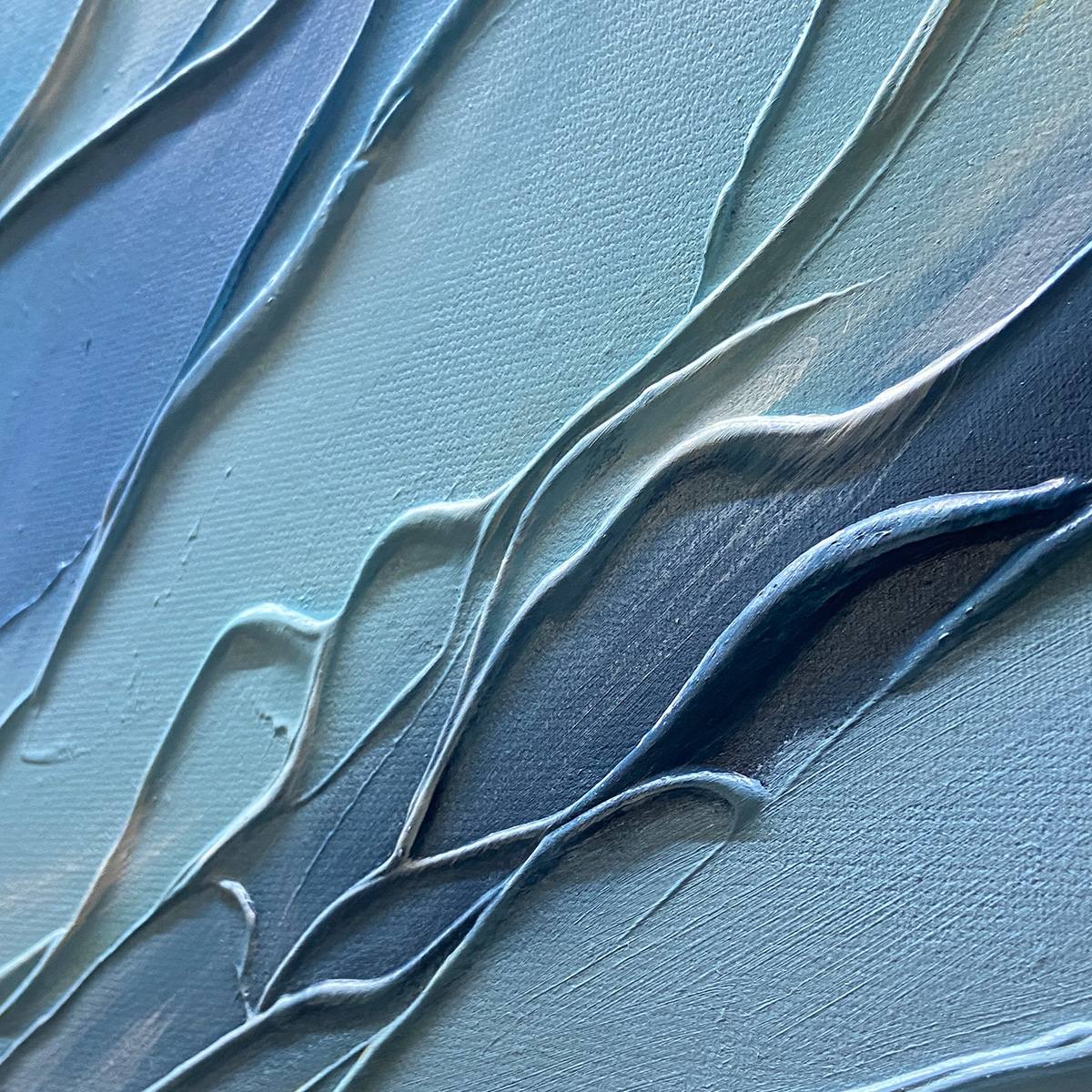 Liam O'Connell 'Cresting Wave' textured seascape painting; dramatic blue ocean wave, white foam, sunset sky, black frame.