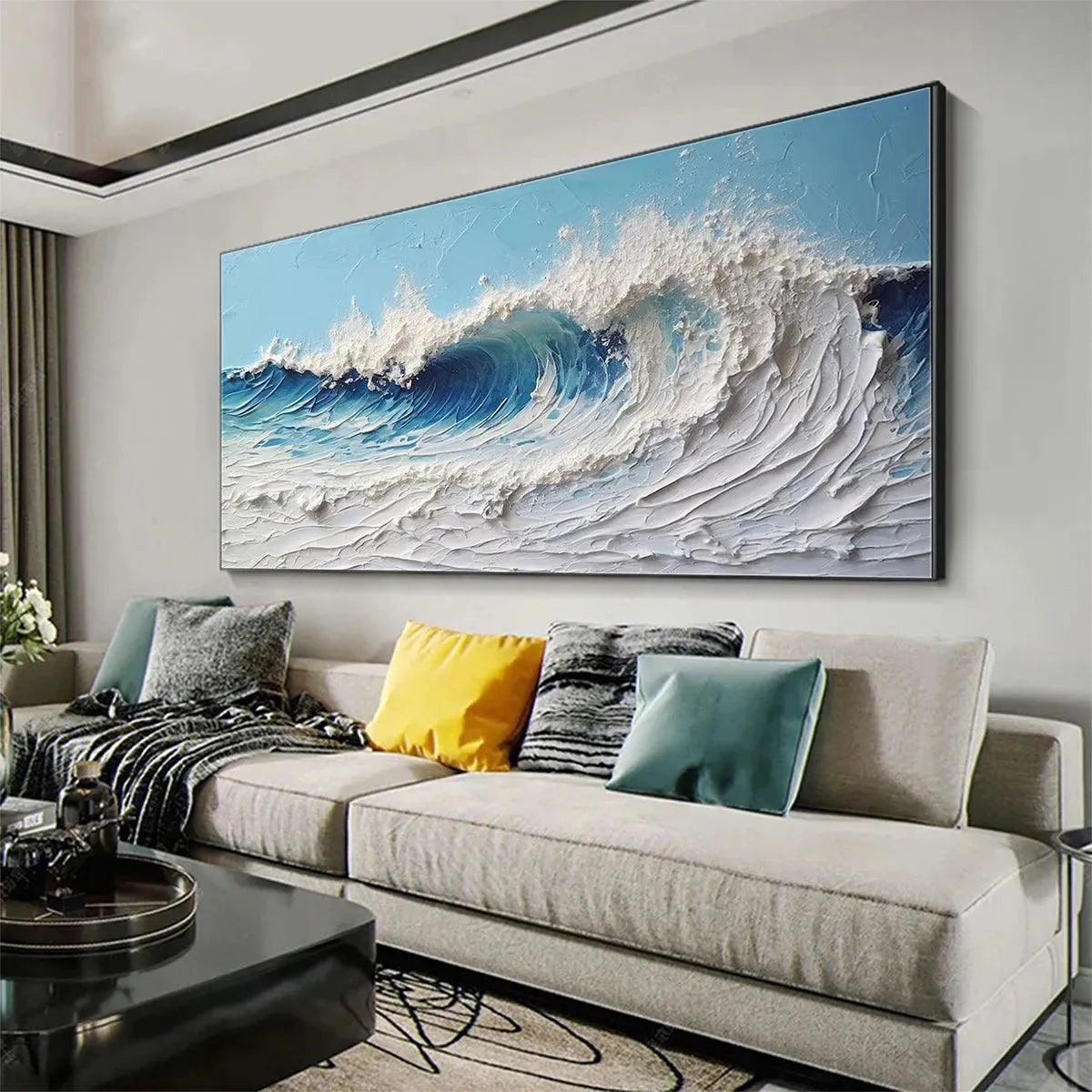 Textured abstract ocean wave painting "CRESTING WAVE" by Liam O'Connell. Blue and white impasto art.