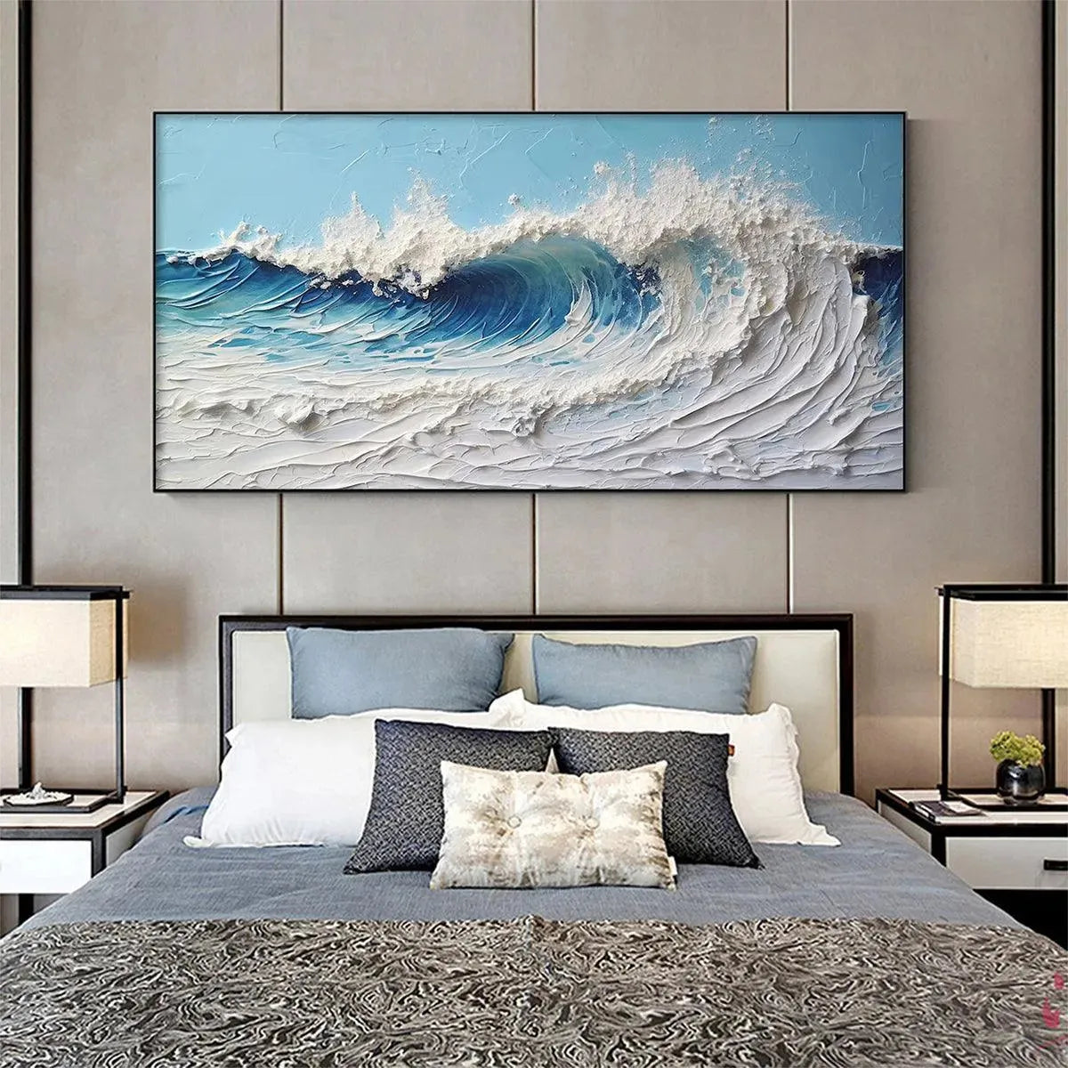 Textured abstract ocean wave painting "CRESTING WAVE" by Liam O'Connell. Blue and white impasto art.