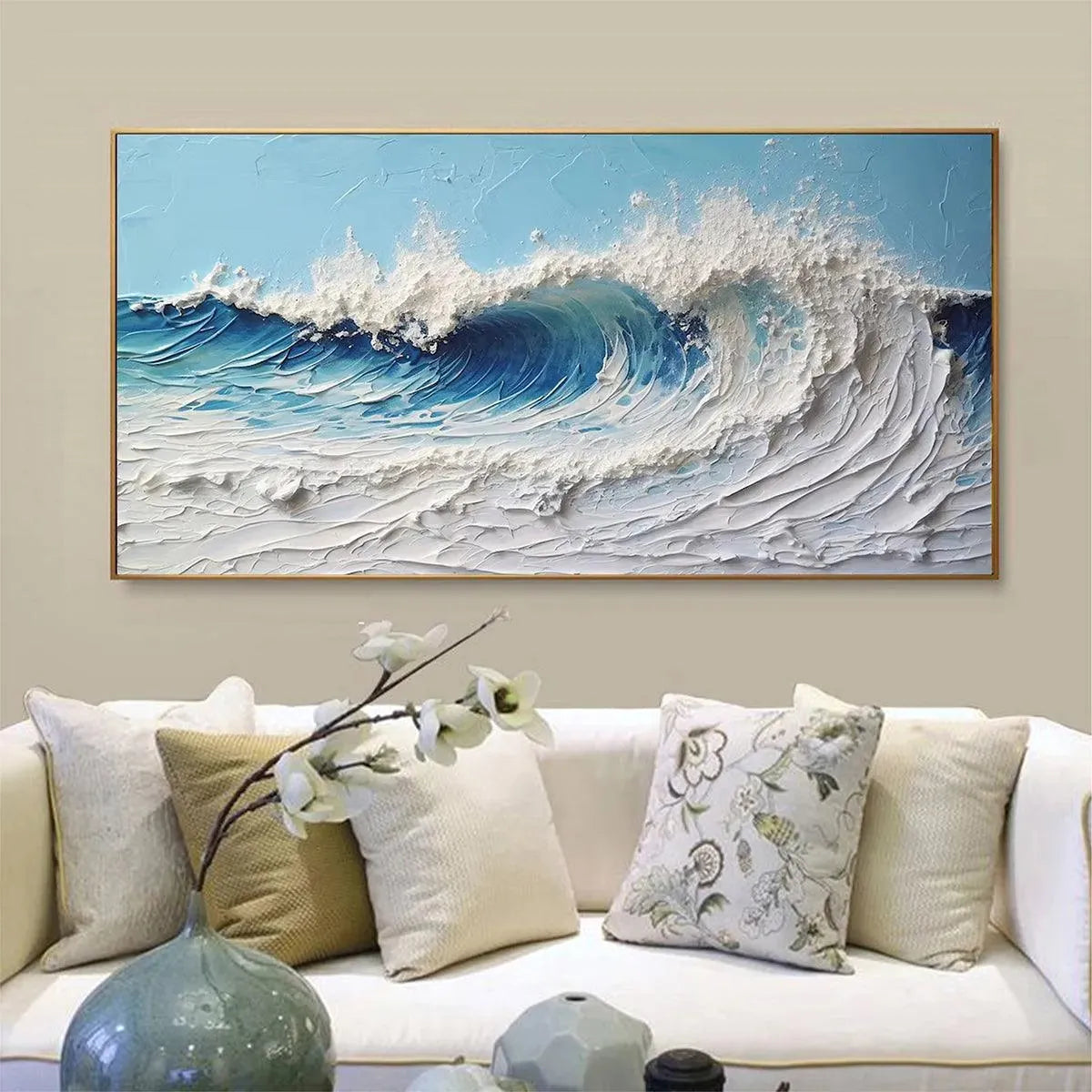 Textured abstract ocean wave painting "CRESTING WAVE" by Liam O'Connell. Blue and white impasto art.