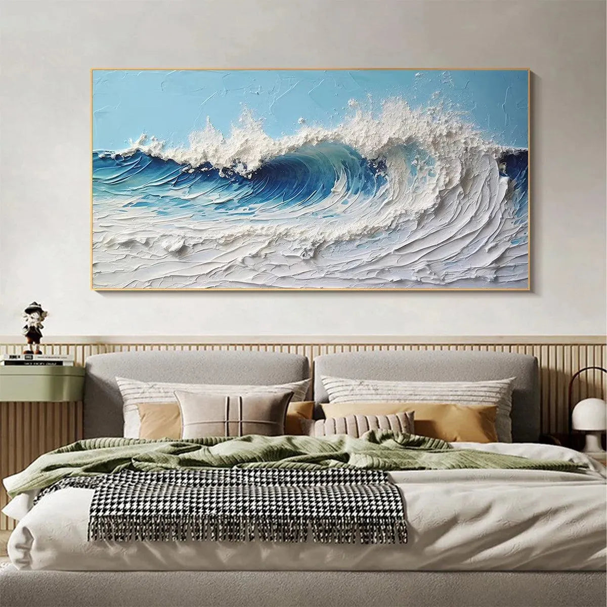 Textured abstract ocean wave painting "CRESTING WAVE" by Liam O'Connell. Blue and white impasto art.