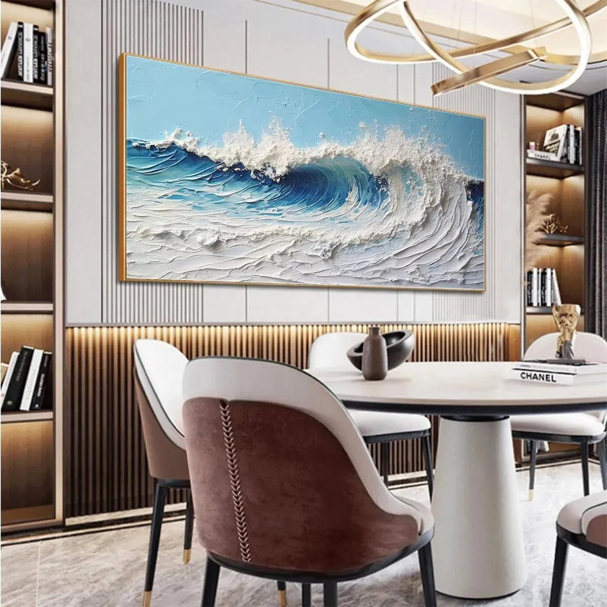 Textured abstract ocean wave painting "CRESTING WAVE" by Liam O'Connell. Blue and white impasto art.