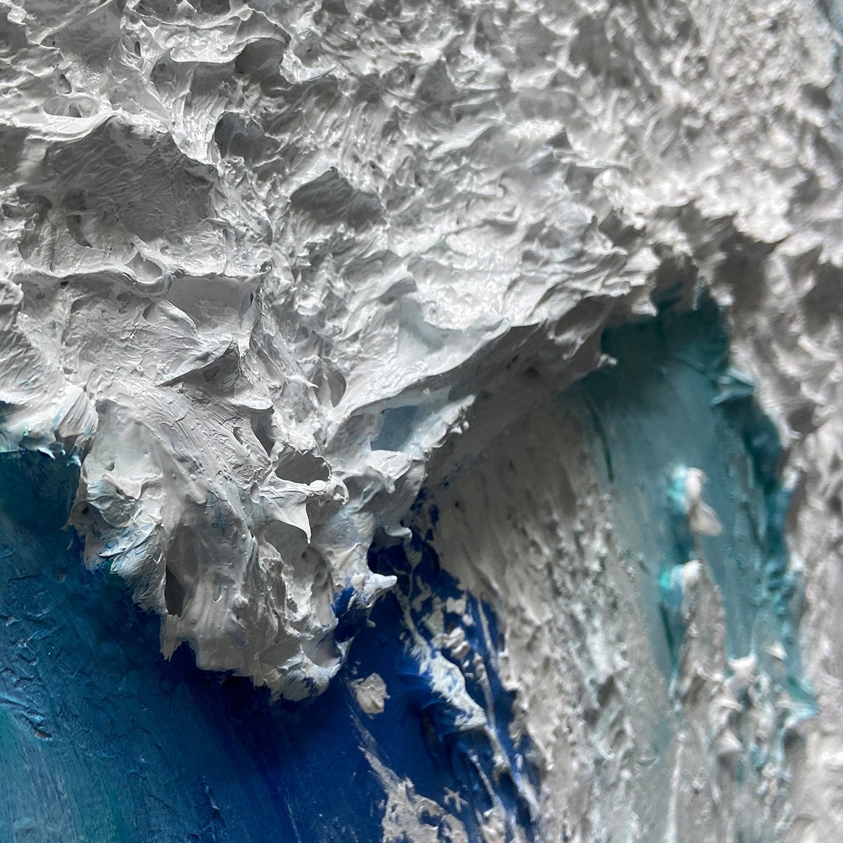 Textured abstract ocean wave painting "CRESTING WAVE" by Liam O'Connell. Blue and white impasto art.