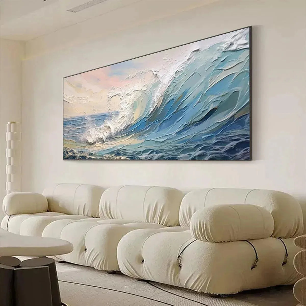Liam O'Connell 'Cresting Wave' textured seascape painting; dramatic blue ocean wave, white foam, sunset sky, black frame.