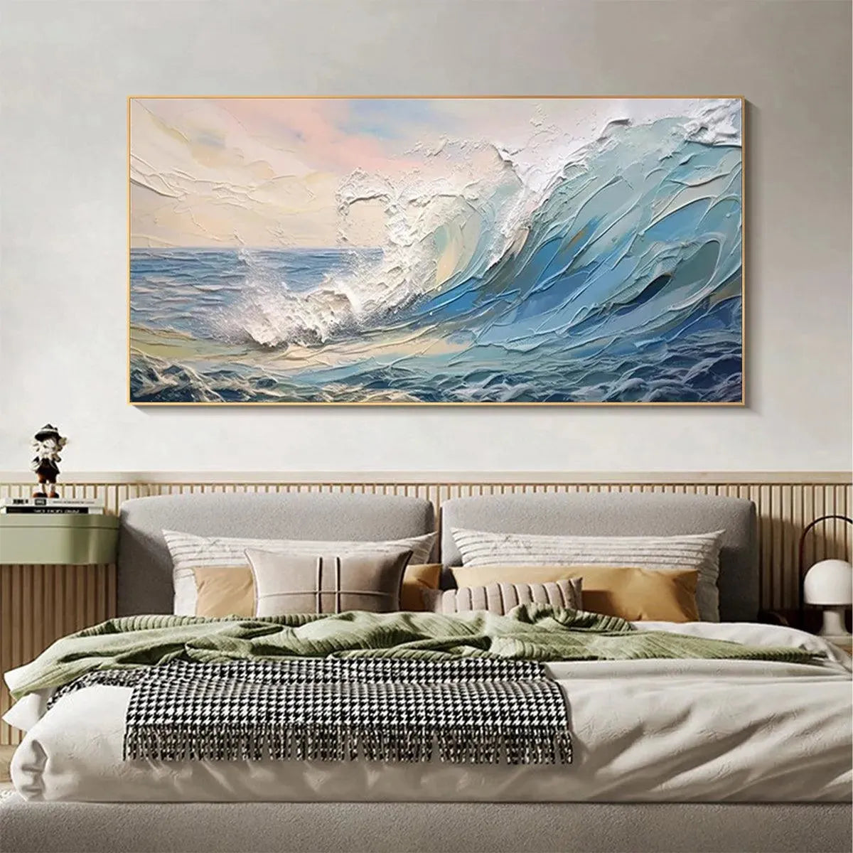 Liam O'Connell 'Cresting Wave' textured seascape painting; dramatic blue ocean wave, white foam, sunset sky, black frame.