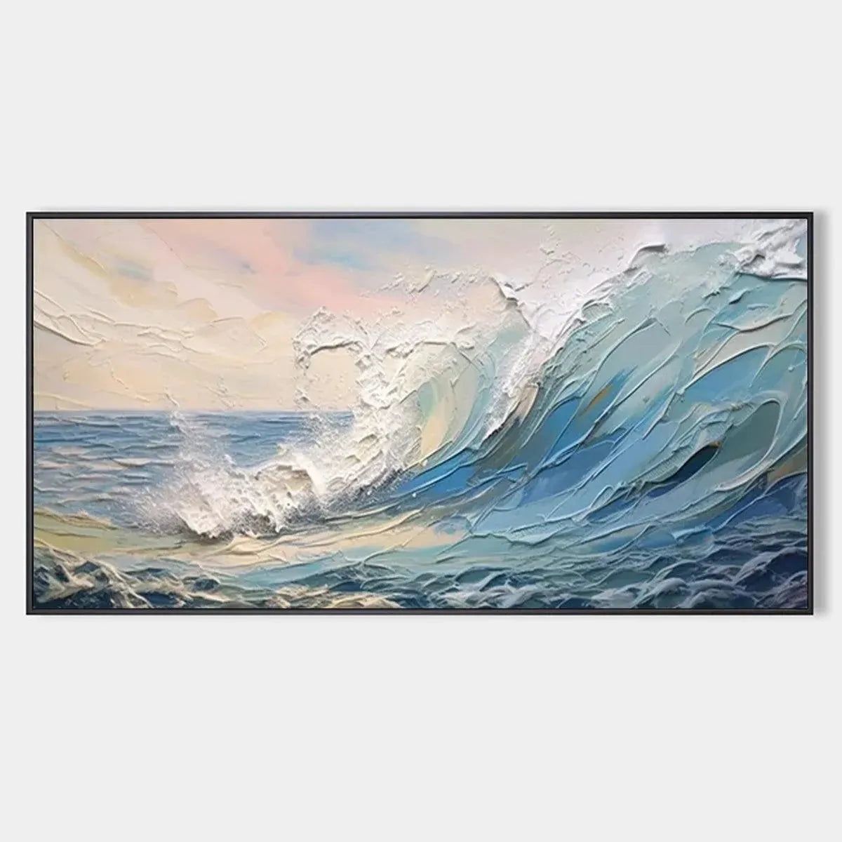 Liam O'Connell 'Cresting Wave' textured seascape painting; dramatic blue ocean wave, white foam, sunset sky, black frame.