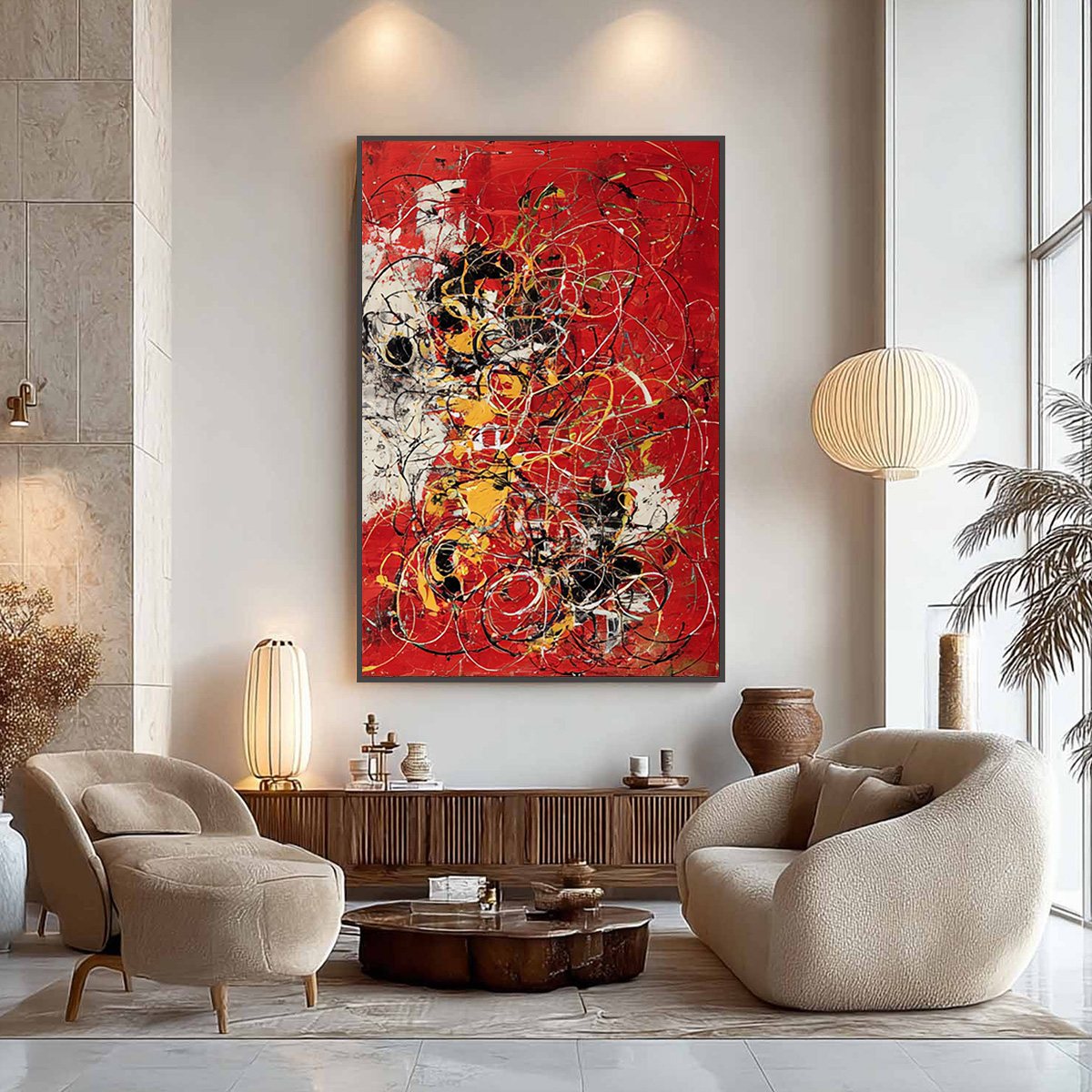 CRIMSON CHAOS: Large Vertical Red and Black Abstract Action Painting