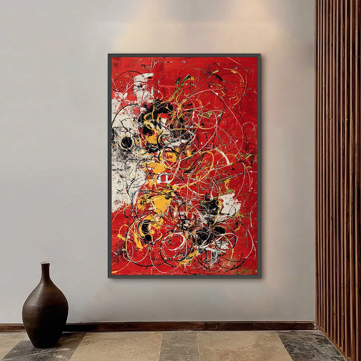 CRIMSON CHAOS: Large Vertical Red and Black Abstract Action Painting