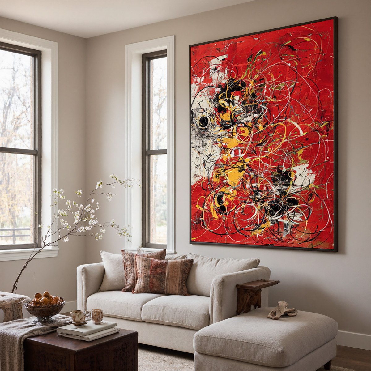 CRIMSON CHAOS: Large Vertical Red and Black Abstract Action Painting
