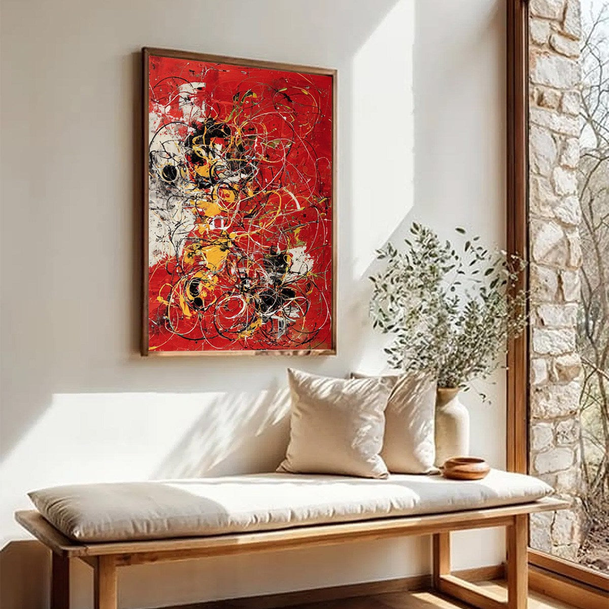 CRIMSON CHAOS: Large Vertical Red and Black Abstract Action Painting