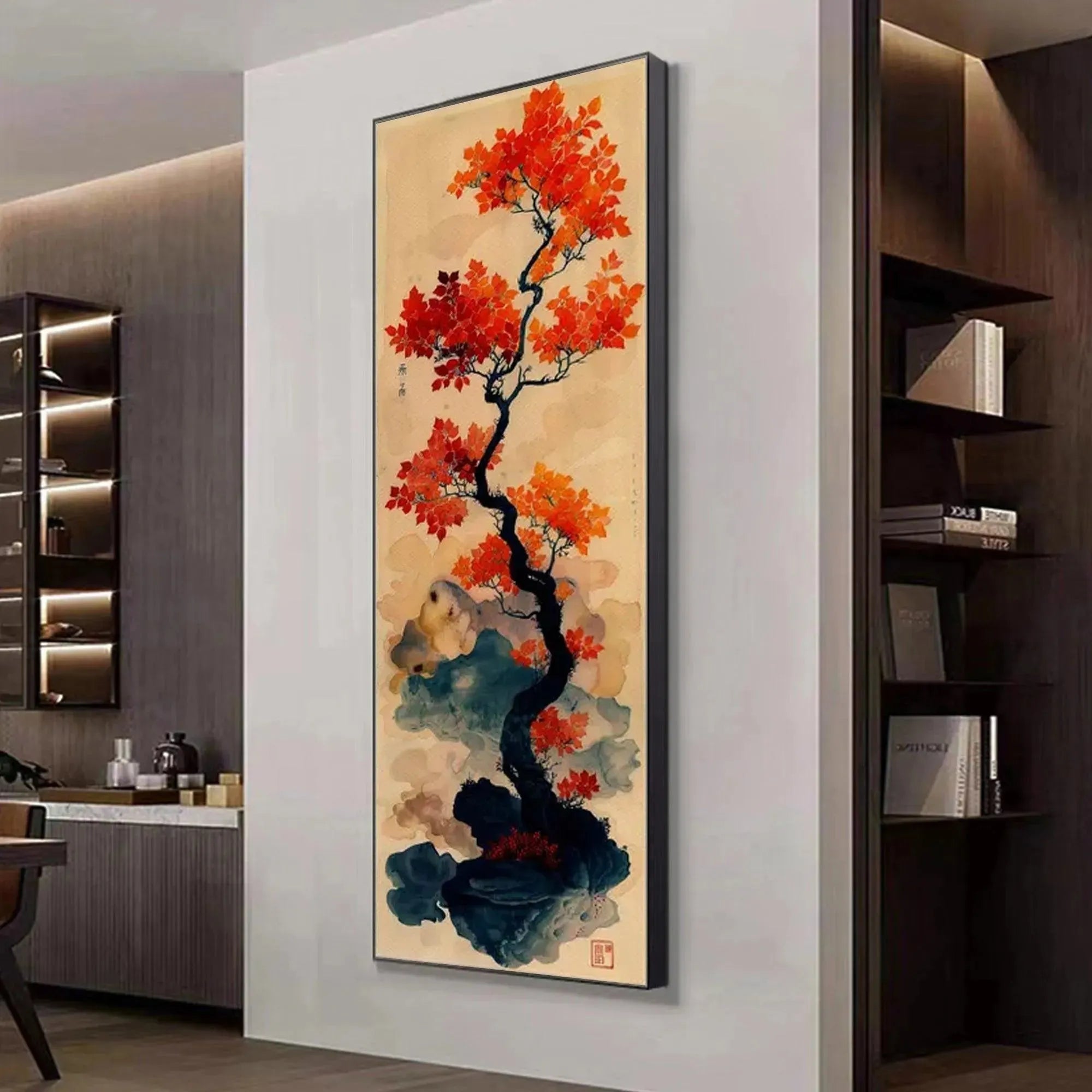 japanese bonsai tree painting Crimson Autumn Bonsai: Tree Painting | Vertical Wall Art