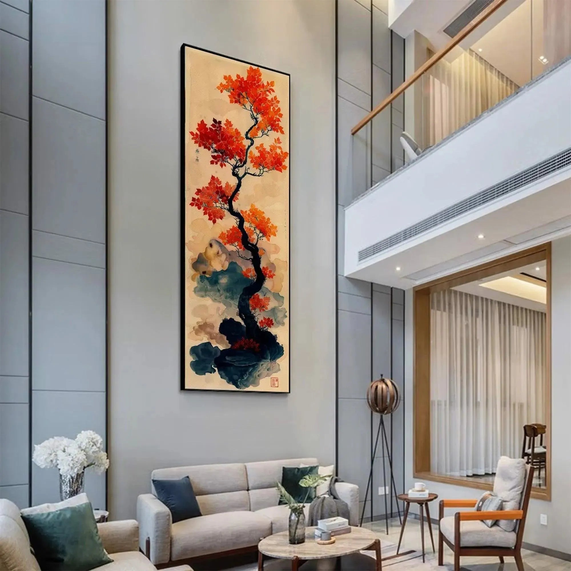 bonsai tree home decor Crimson Autumn Bonsai: Tree Painting | Vertical Wall Art