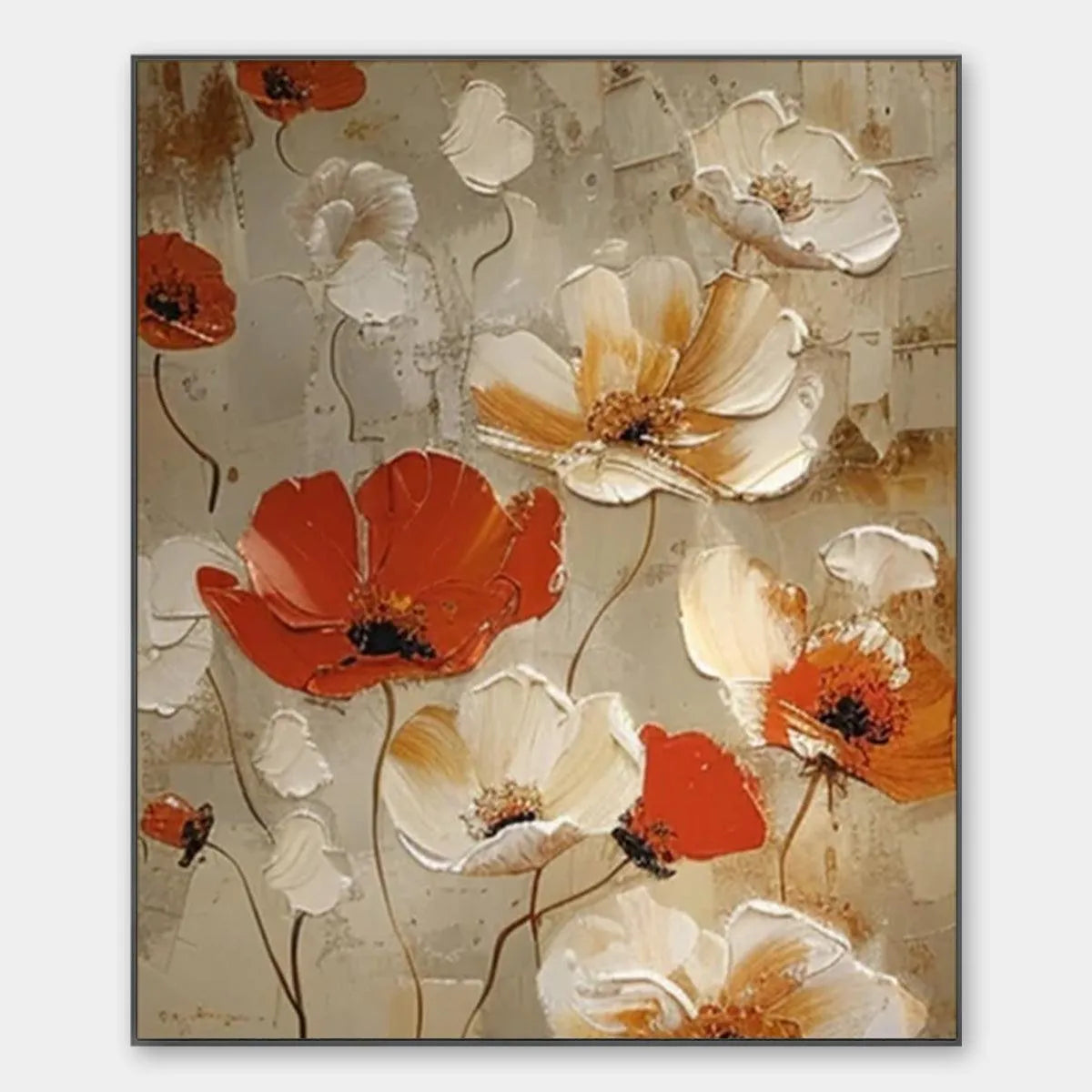 Textured Poppy Painting, Red and White Floral Wall Art, Square Canvas, Romantic Decor