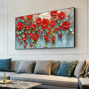 Textured impasto painting of a crimson field with vibrant red poppies and green leaves, showcasing thick brushstrokes.