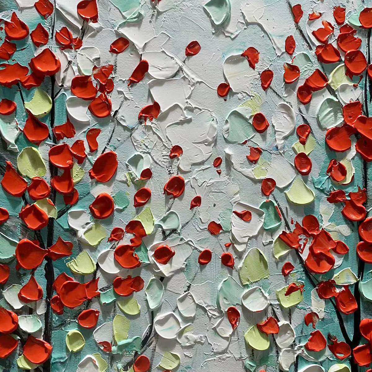 Vertical Textured Impasto Painting of a Forest with Red Accents, Modern Wall Art, Blue, Green and Red