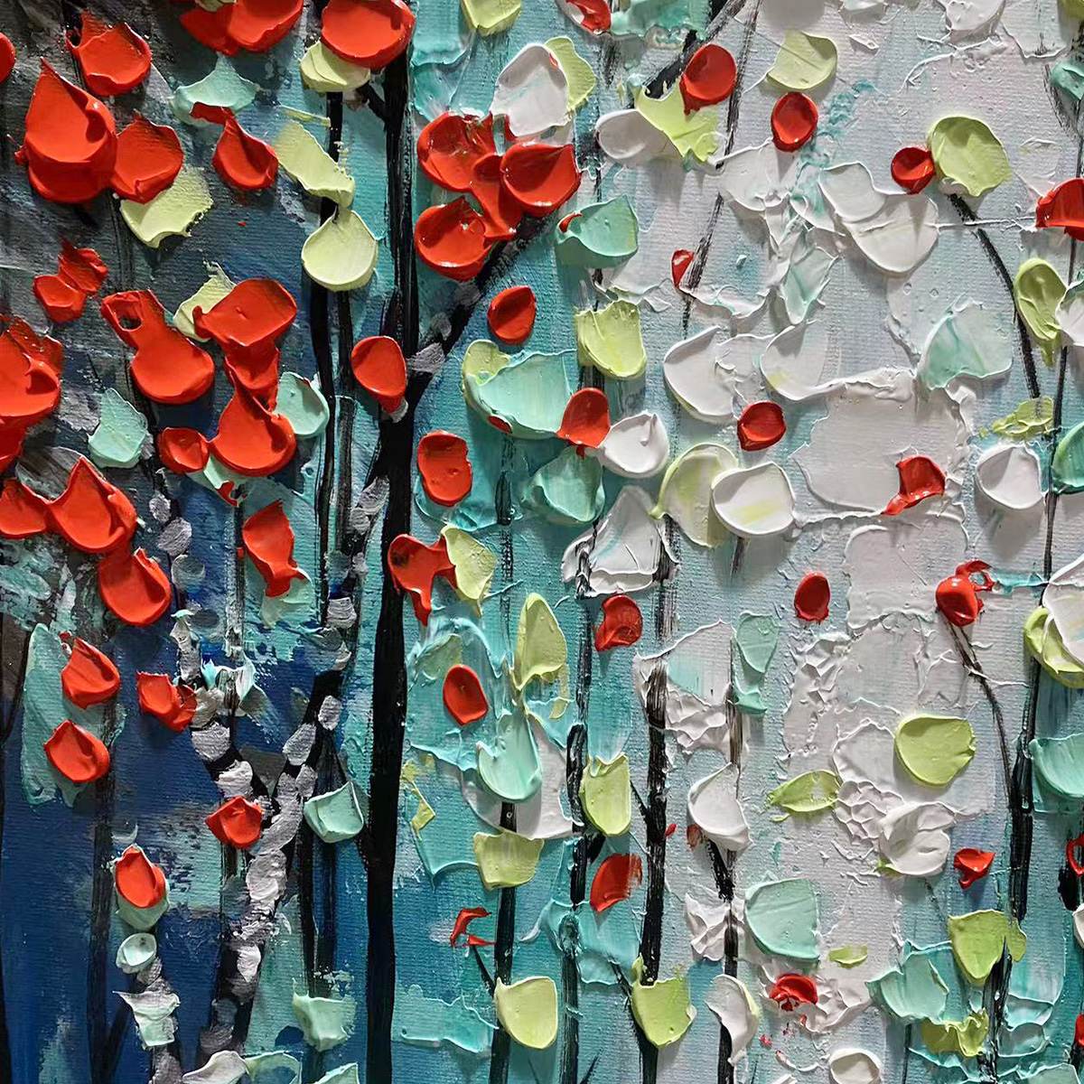 Vertical Textured Impasto Painting of a Forest with Red Accents, Modern Wall Art, Blue, Green and Red