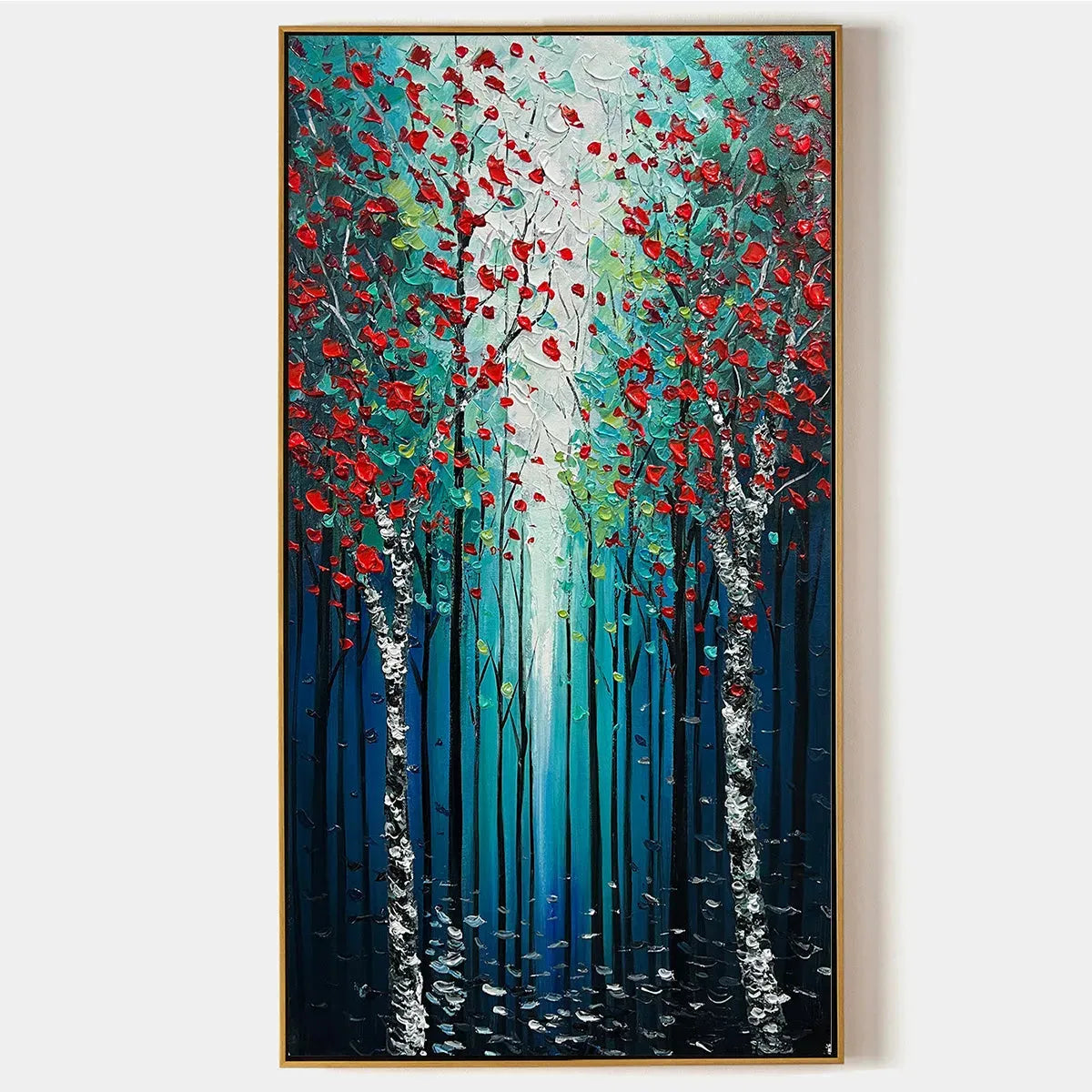 Vertical Textured Impasto Painting of a Forest with Red Accents, Modern Wall Art, Blue, Green and Red