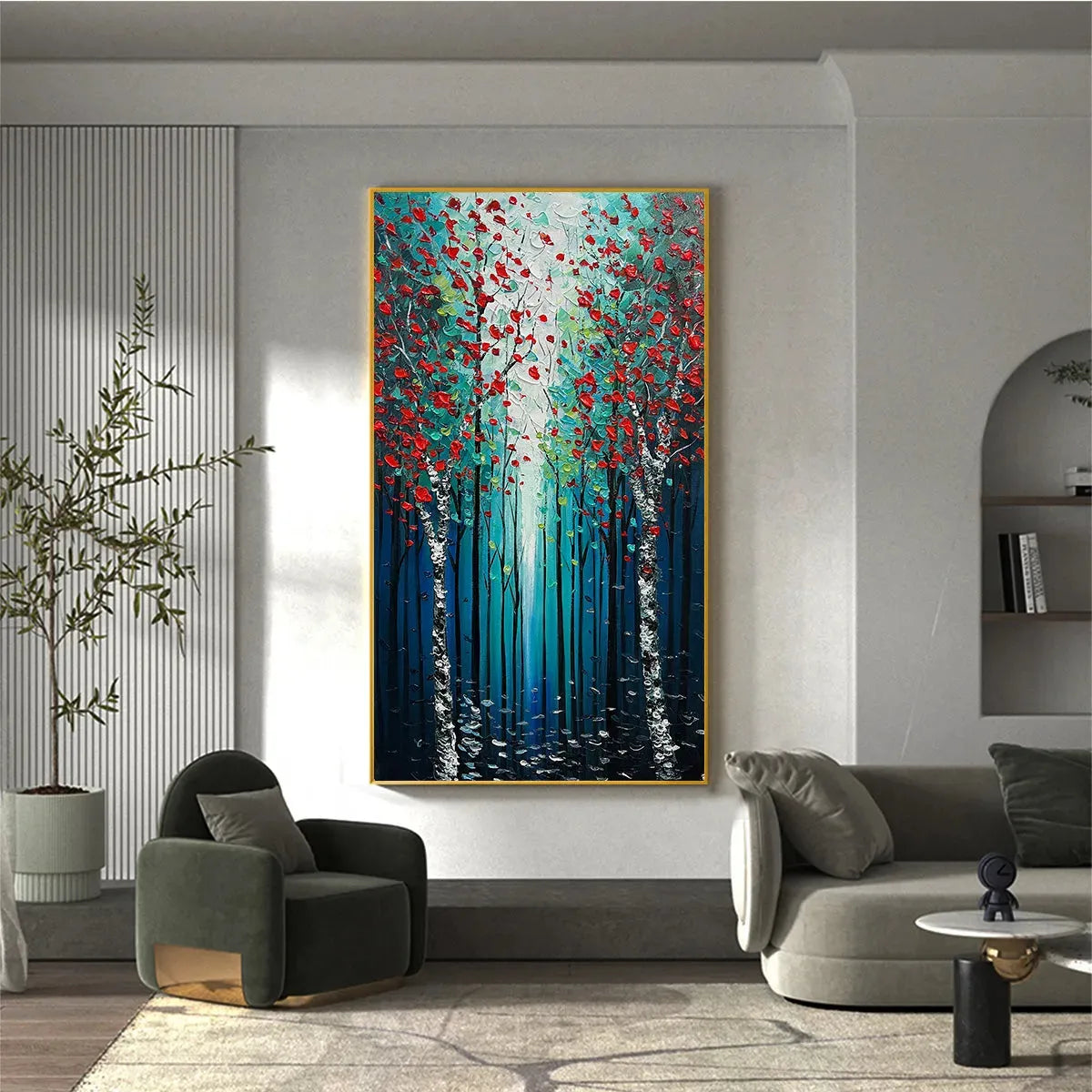 Vertical Textured Impasto Painting of a Forest with Red Accents, Modern Wall Art, Blue, Green and Red