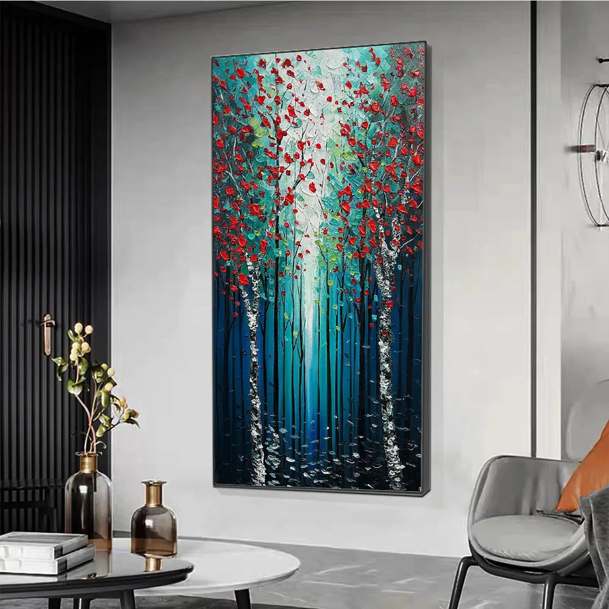 Vertical Textured Impasto Painting of a Forest with Red Accents, Modern Wall Art, Blue, Green and Red