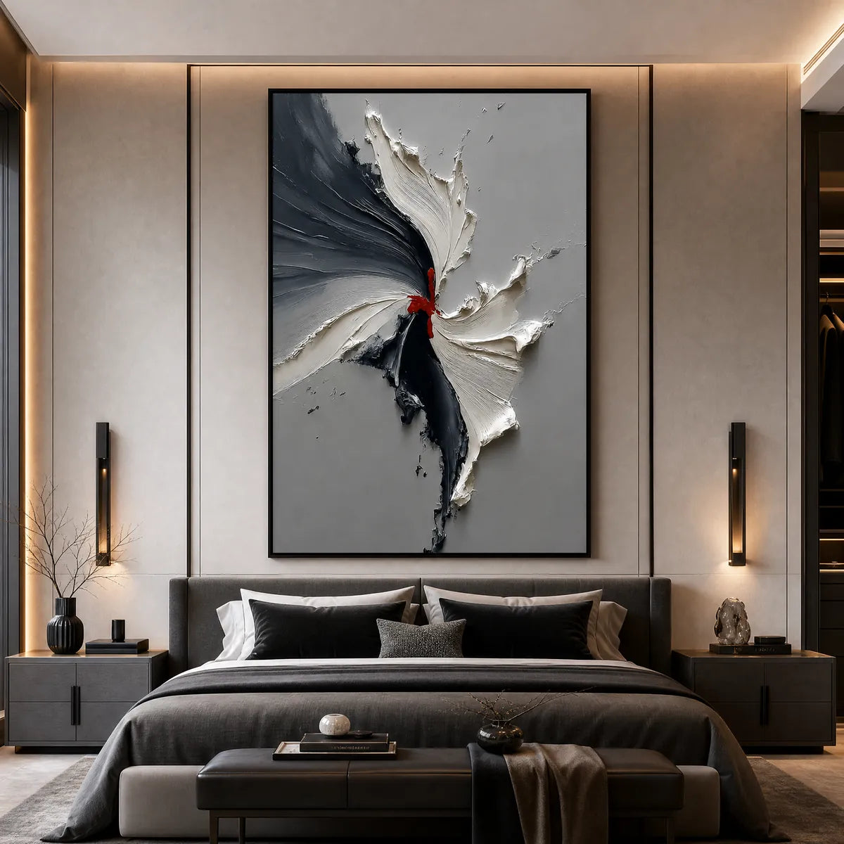 Grey and black abstract impasto oil painting with white and red textured strokes above a modern bed