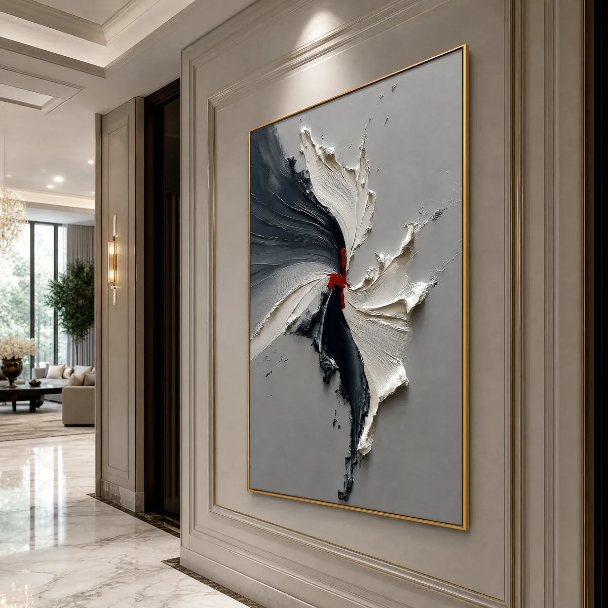 Grey and black textured abstract impasto oil painting with red accent in gold frame