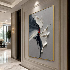 Grey and black textured abstract impasto oil painting with red accent in gold frame