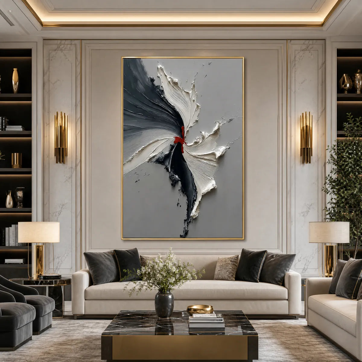 Grey and black textured abstract impasto oil painting with red accent in gold frame