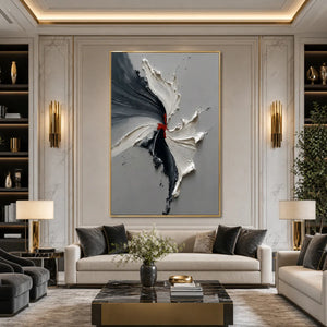 Grey and black textured abstract impasto oil painting with red accent in gold frame