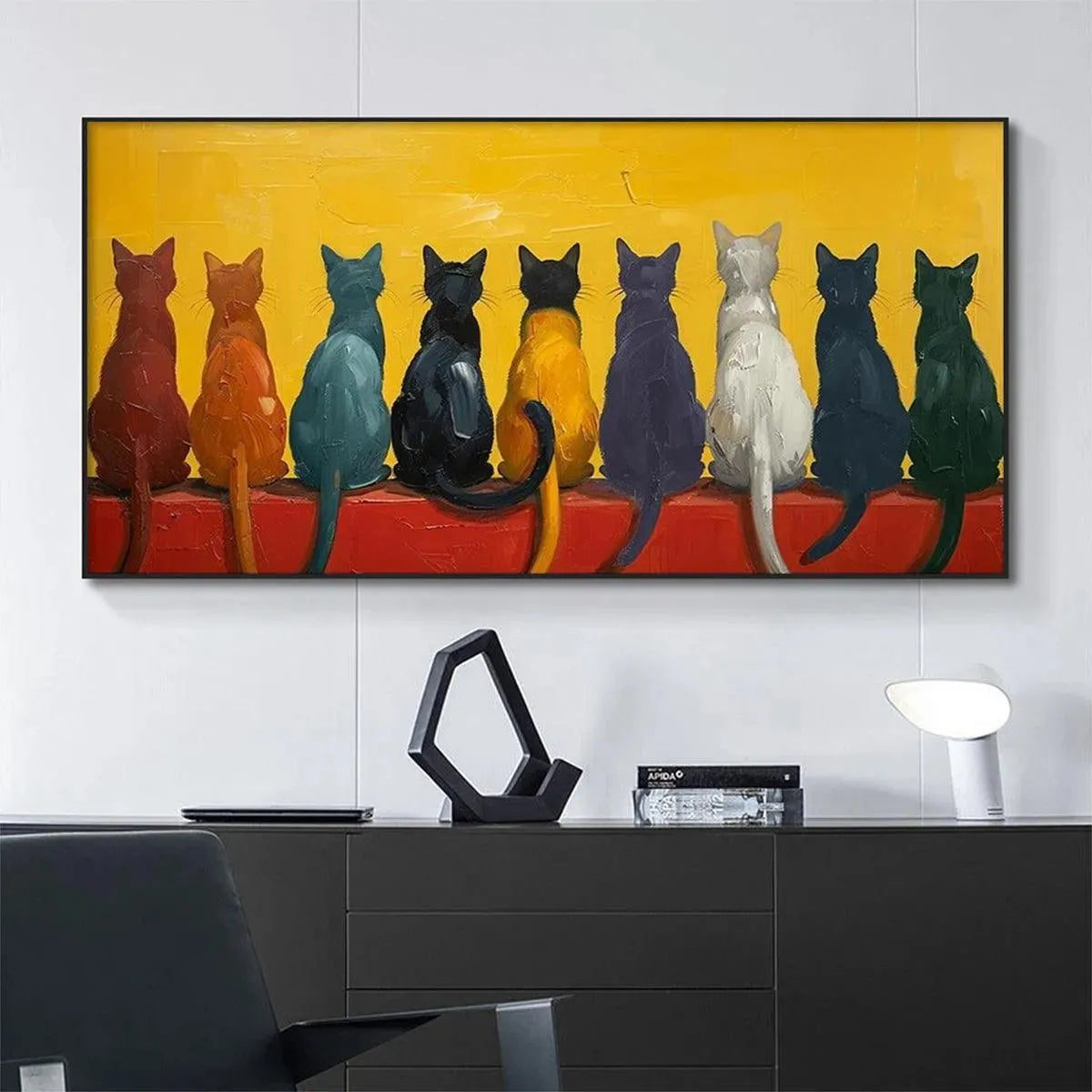 Cats in a Row: Whimsical Cat Painting | Textured Wall Art | Panoramic Canvas | Pet Decor
