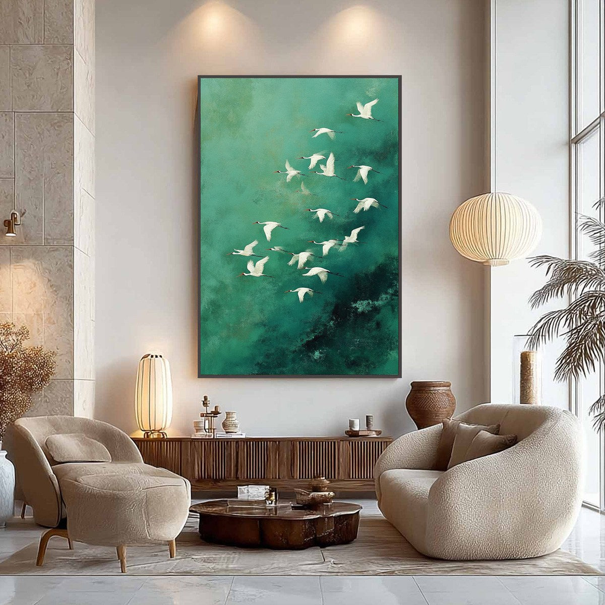Celestial Journey | Green Crane Abstract Vertical Oil Painting