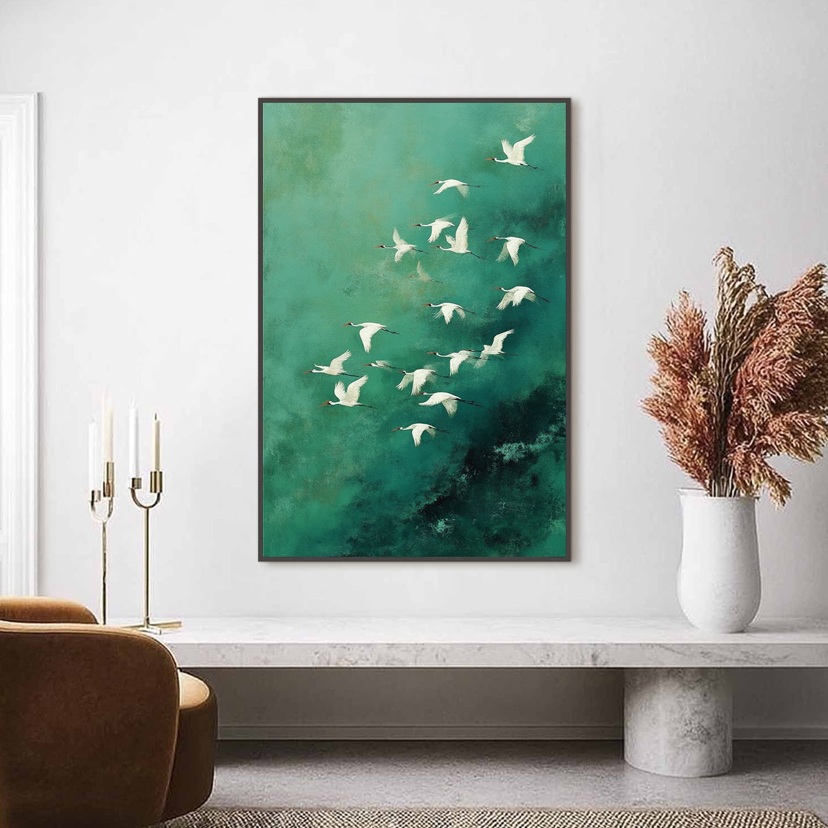 Celestial Journey | Green Crane Abstract Vertical Oil Painting