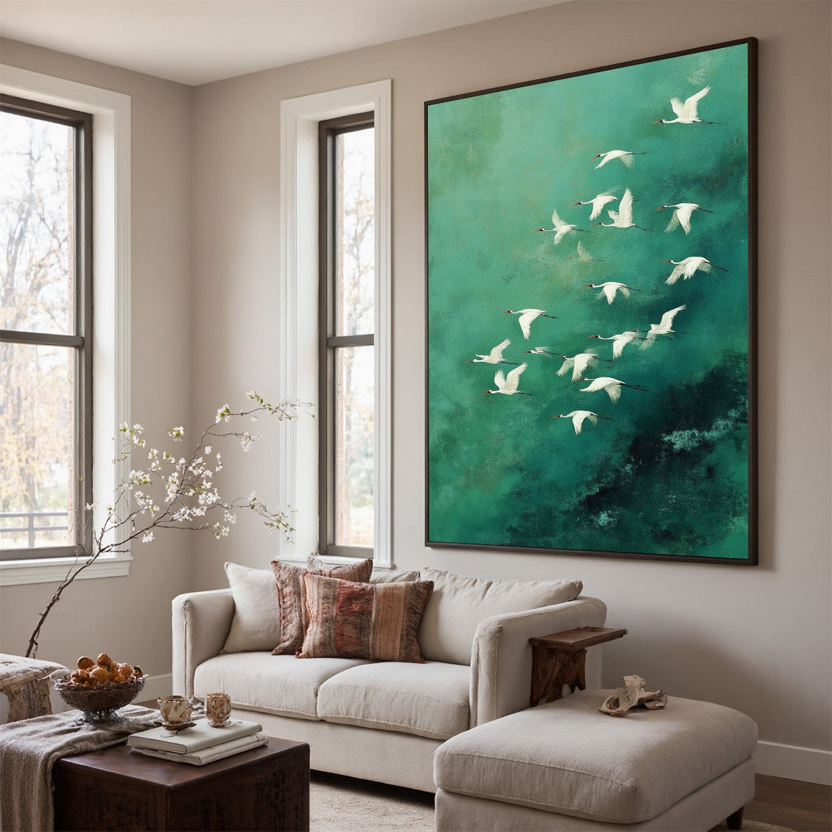 Celestial Journey | Green Crane Abstract Vertical Oil Painting