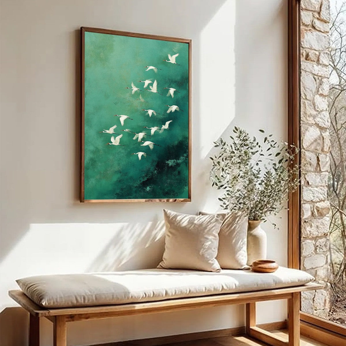 Celestial Journey | Green Crane Abstract Vertical Oil Painting